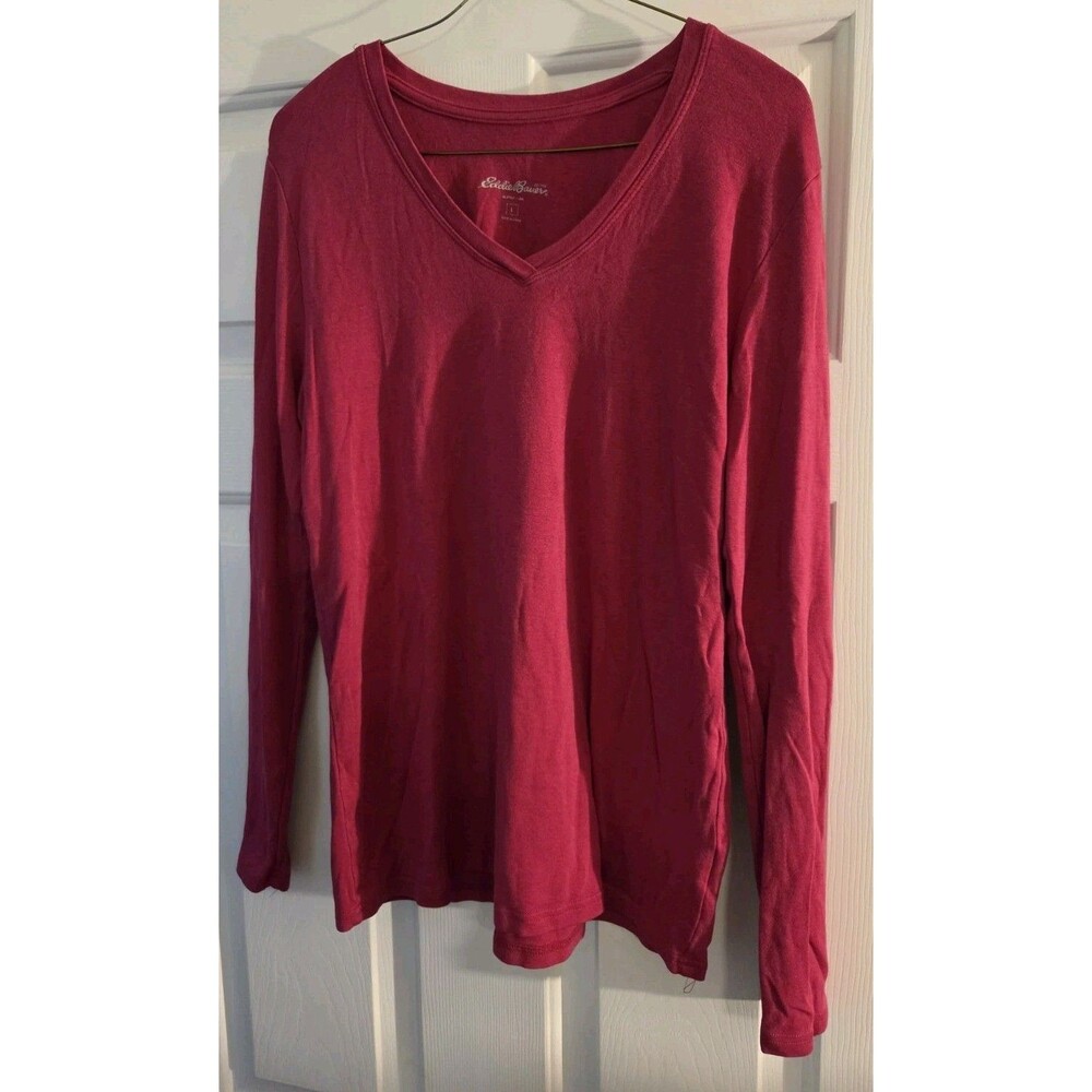 Red Eddie Bauer Long Sleeves Tshirt Red V Neck Seattle USA Adult L Womens